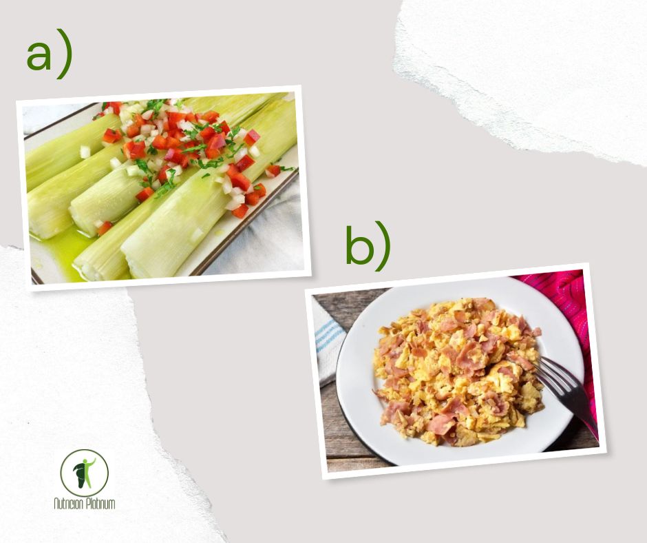 Puerros en vinagreta y huevos revueltos con jamón